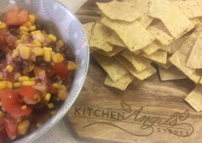 Vegetarian salsa dip and corn chips